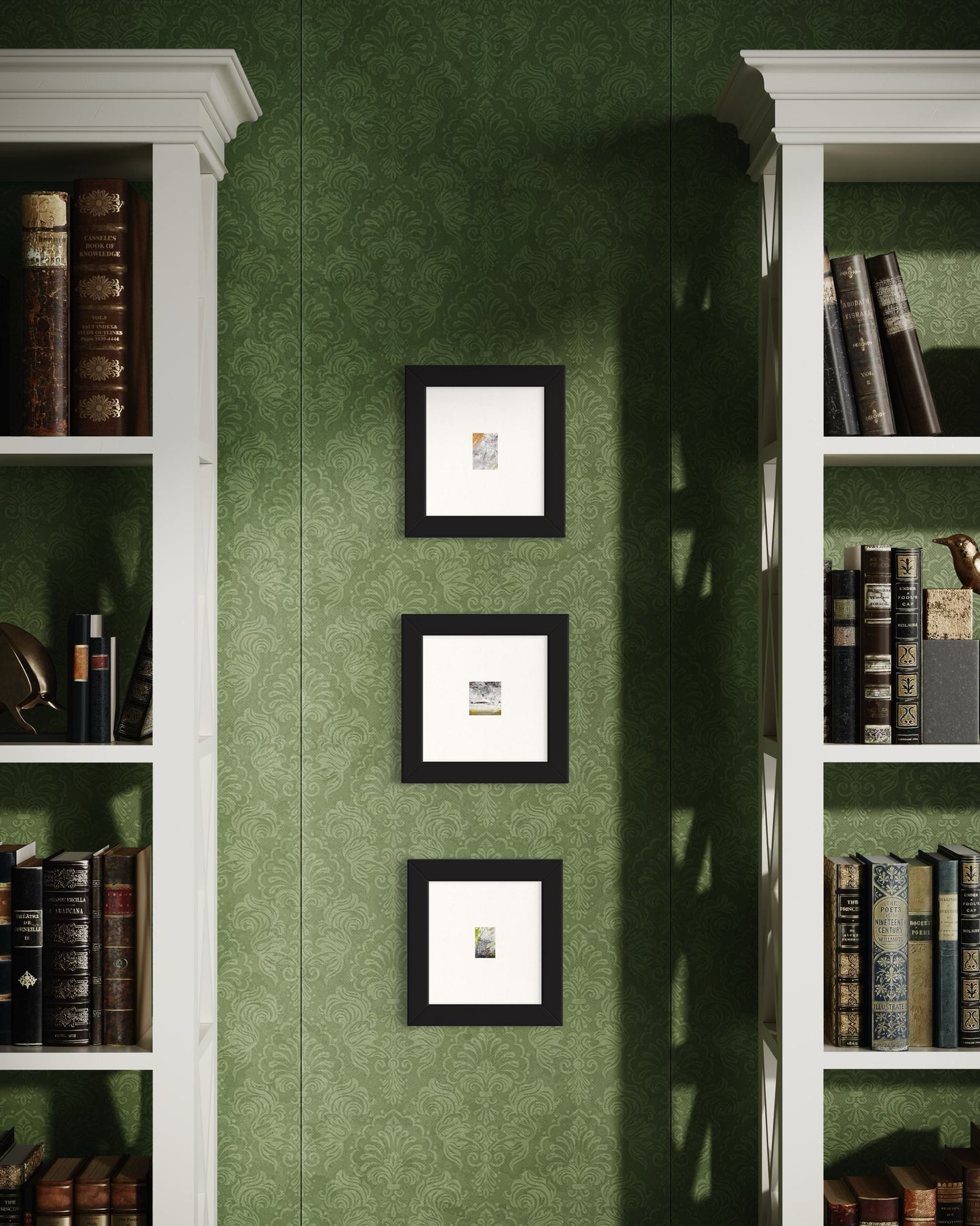 Original artwork by Anet Skillin. This miniature abstract painting is  mounted on 4x6-inch paper and shown here in situ along with two other paintings by the same artist. Photograph depicts a collection of 3 paintings in black frames, hung vertically between two bookcases against green wallpaper.