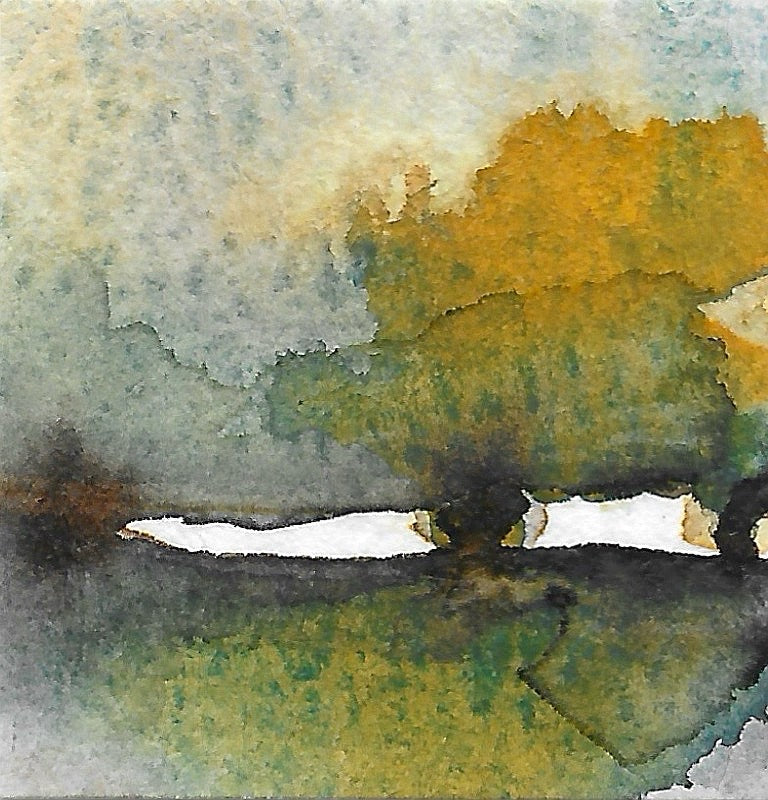 Original miniature watercolor painting of an abstract landscape with a maple or oak tree in yellow ochre, green, and sepia foliage beneath cloudy blue skies. Painted on textured cold press watercolor paper.