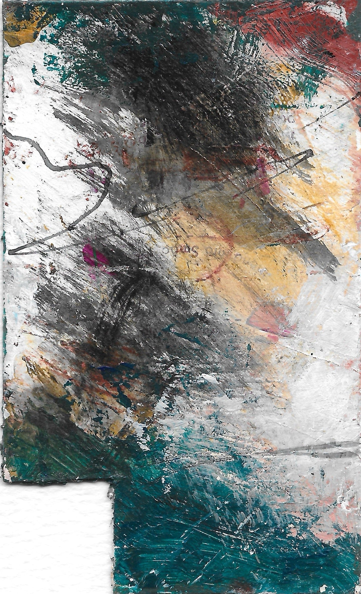 Original rectangular miniature abstract painting with a cut-out lower left corner revealing the mounting stock beneath. Painted in yellow, grey, peach, red, and teal colors of acrylic, ink, oil sticks and mascara on recycled packaging, text from the packaging is faintly visible. 