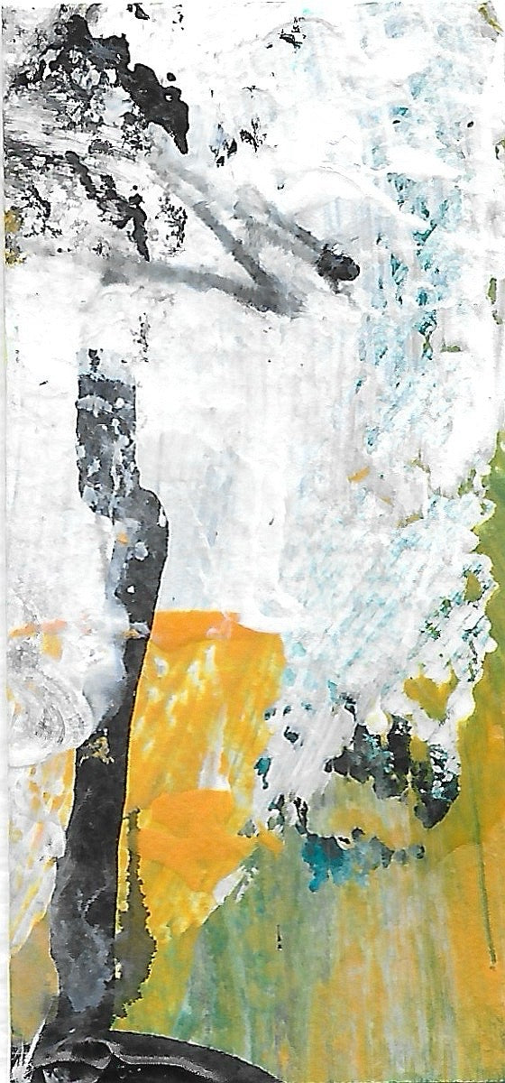 Original miniature abstract painting featuring yellow, green, white and black colors. Acrylic paint and ink on textured cold press watercolor paper, mounted on 4x6-inch watercolor paper in portrait orientation.