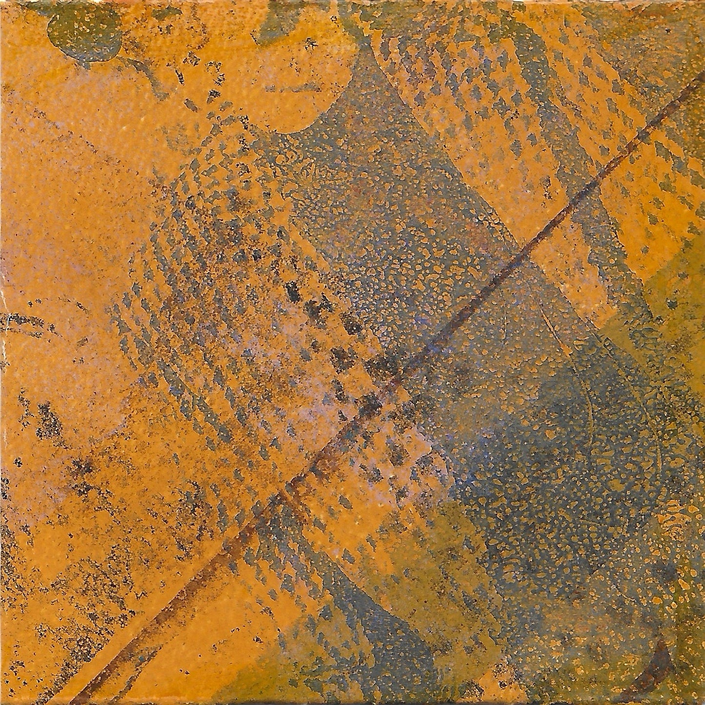 Original miniature abstract monoprint painted envelope in yellow ochre and grey colors. Acrylic paint on fine-grain bond paper.