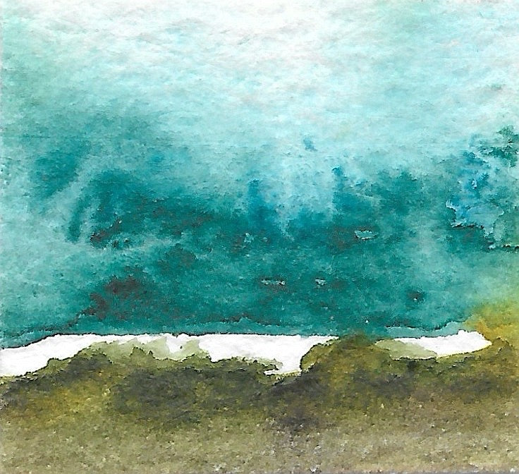 Original miniature abstract landscape painting featuring blue-green, brown and green colors. Watercolor paint textured cold press watercolor paper.