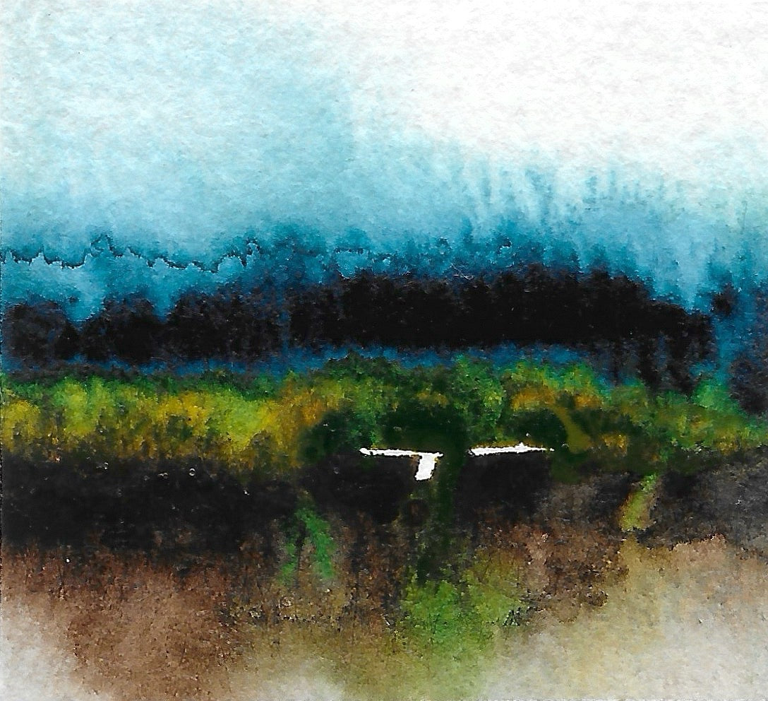 Original miniature abstract landscape painting featuring watery blues, brown, green and yellow ochre colors. Watercolor paint on textured cold press watercolor paper.