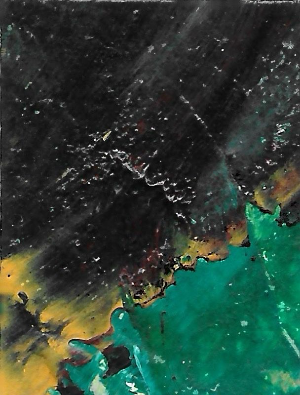 Original miniature abstract painting featuring green, black and yellow ochre colors. Acrylic paint on textured cold press watercolor paper.