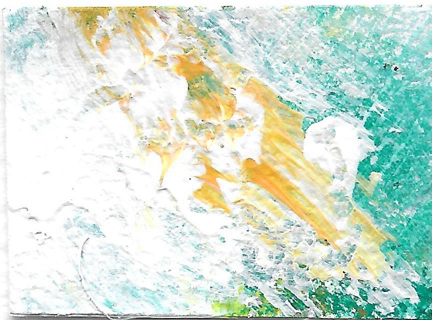 Original miniature abstract painting featuring yellow ochre teal green and white colors. Acrylic paint on textured cold press watercolor paper.