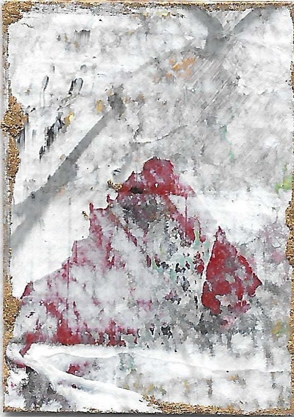 Original miniature abstract painting featuring white, grey and red acrylic paint on textured cold press watercolor paper.